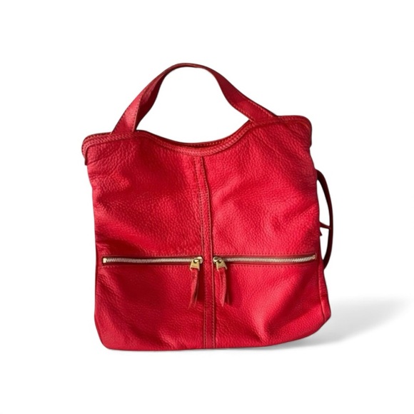 Fossil Erin Red Leather Foldover Crossbody Tote Bag Pockets Adjustable Strap - Picture 3 of 12